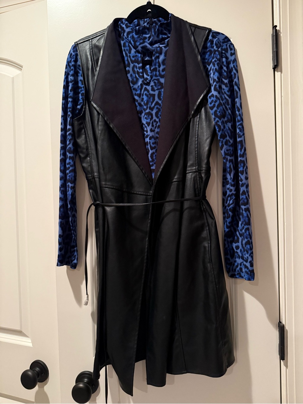 2 piece set Black Faux Leather Sleeveless Trench Vest with Blue Leopard Top